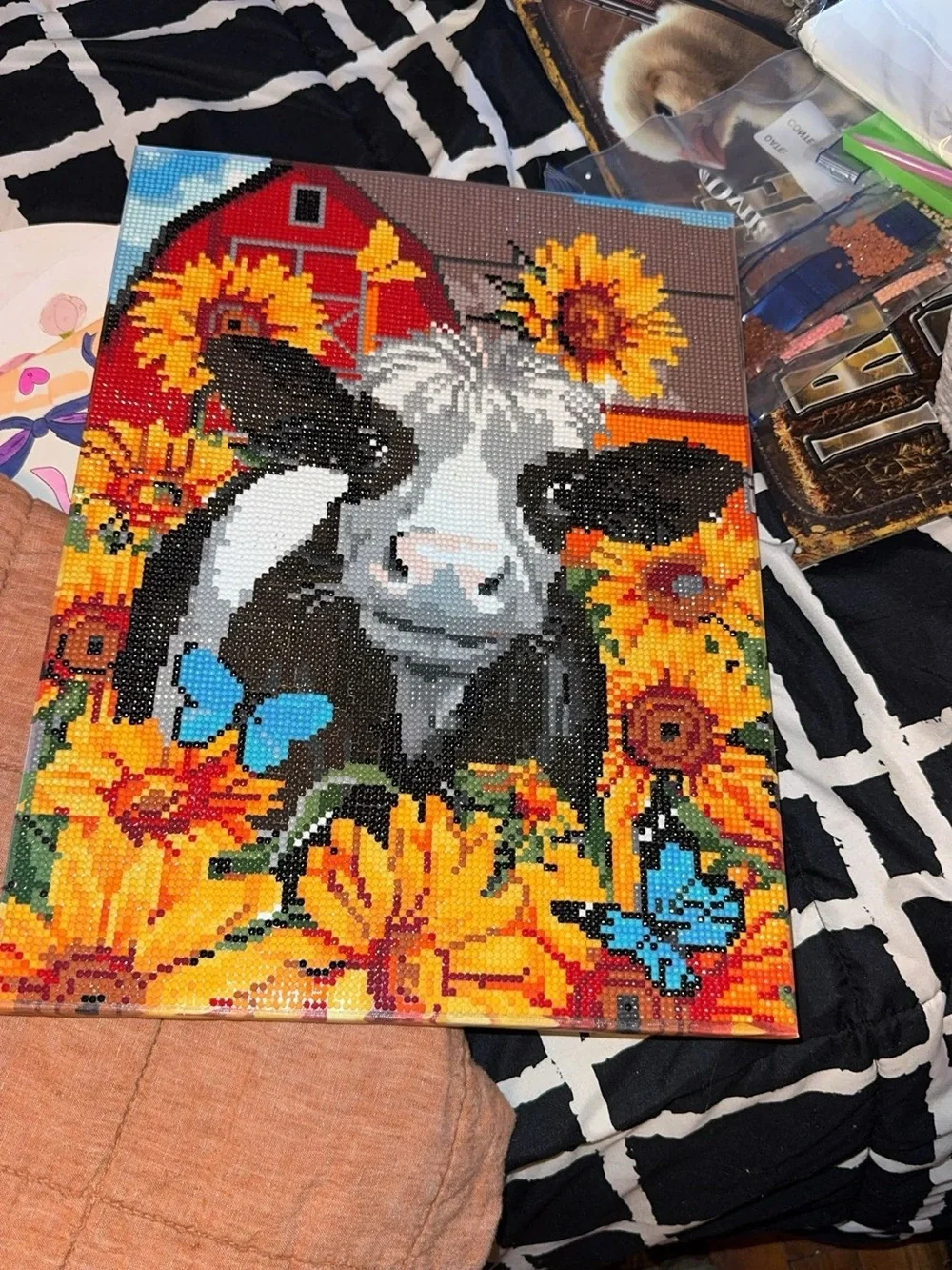 Cow & Sunflowers Diamond Art Canvas with Blue Butterflies